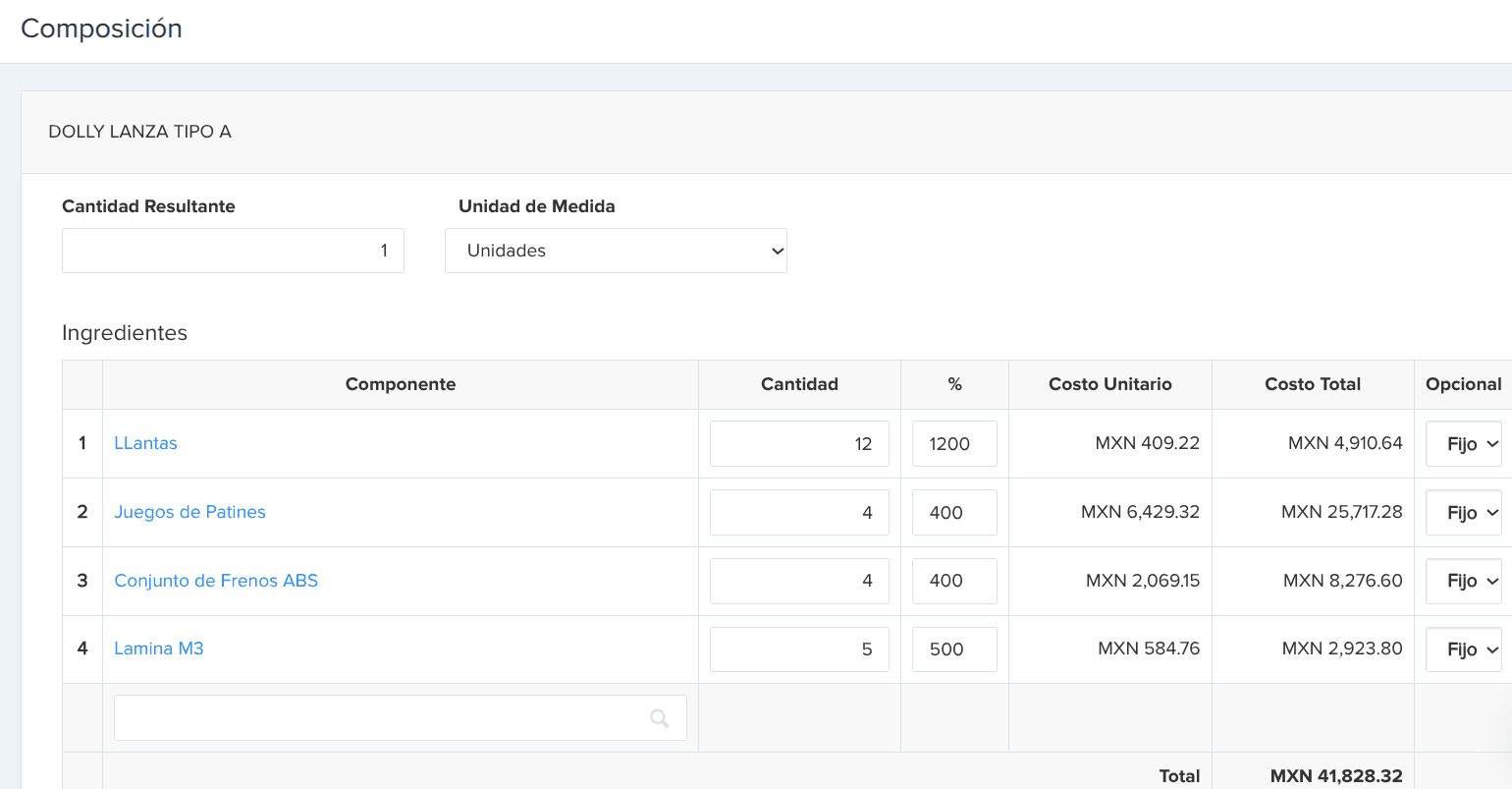 Composición de un producto en BIMS: la lista de componentes —llantas, juegos de patines, conjunto de frenos ABS y lámina— con su cantidad, su costo unitario, su costo total y el total al pie.