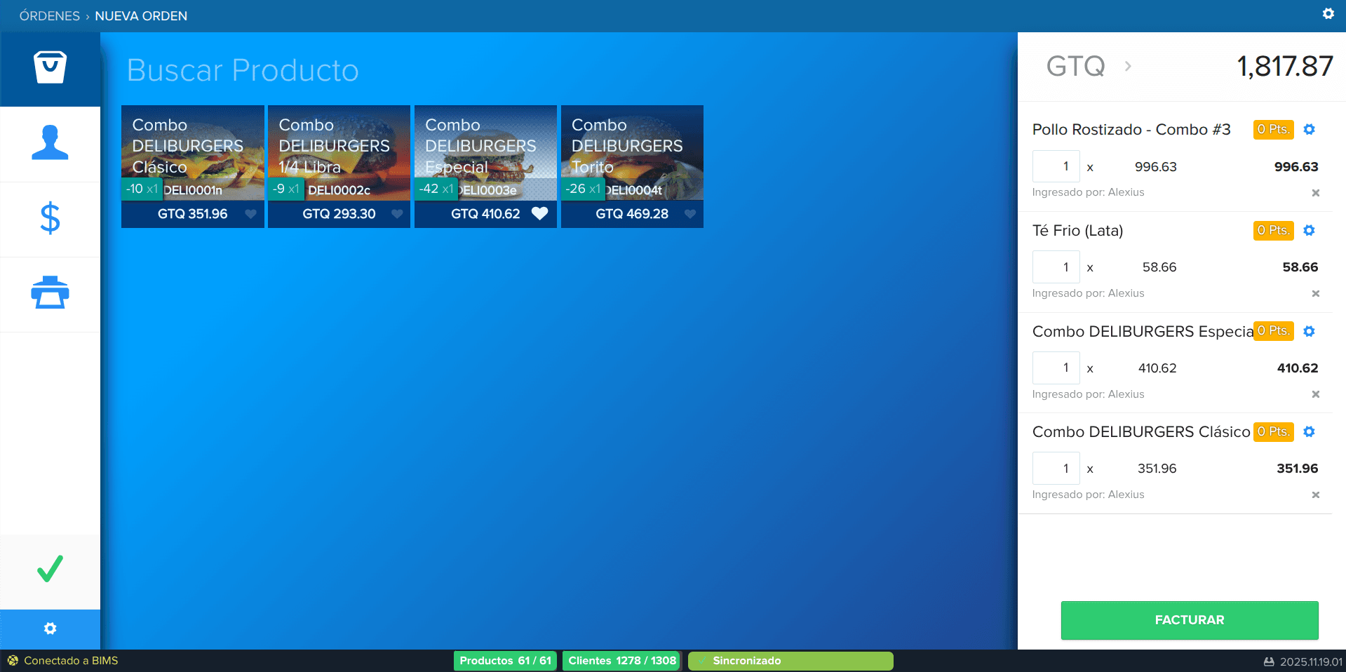 Pantalla de venta de BIMS con un ticket armado: los productos a la izquierda y a la derecha el detalle con el total en quetzales y el botón de facturar.