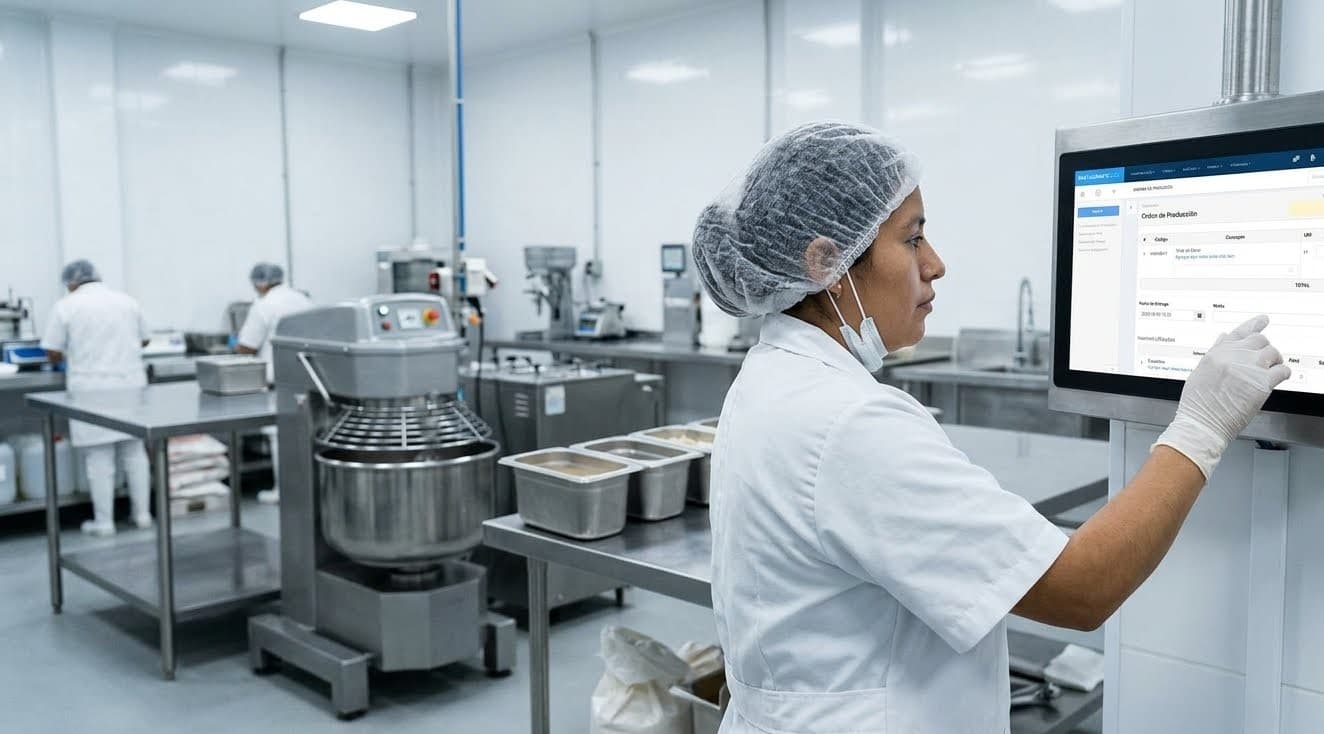 Línea de producción en planta, con producto avanzando por la banda y personal supervisando el proceso por etapas.