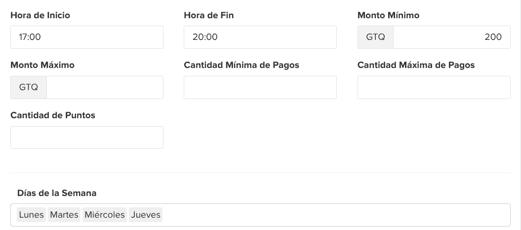 Condiciones de una promoción en BIMS: hora de inicio y fin, monto mínimo en quetzales y los días de la semana en que aplica.