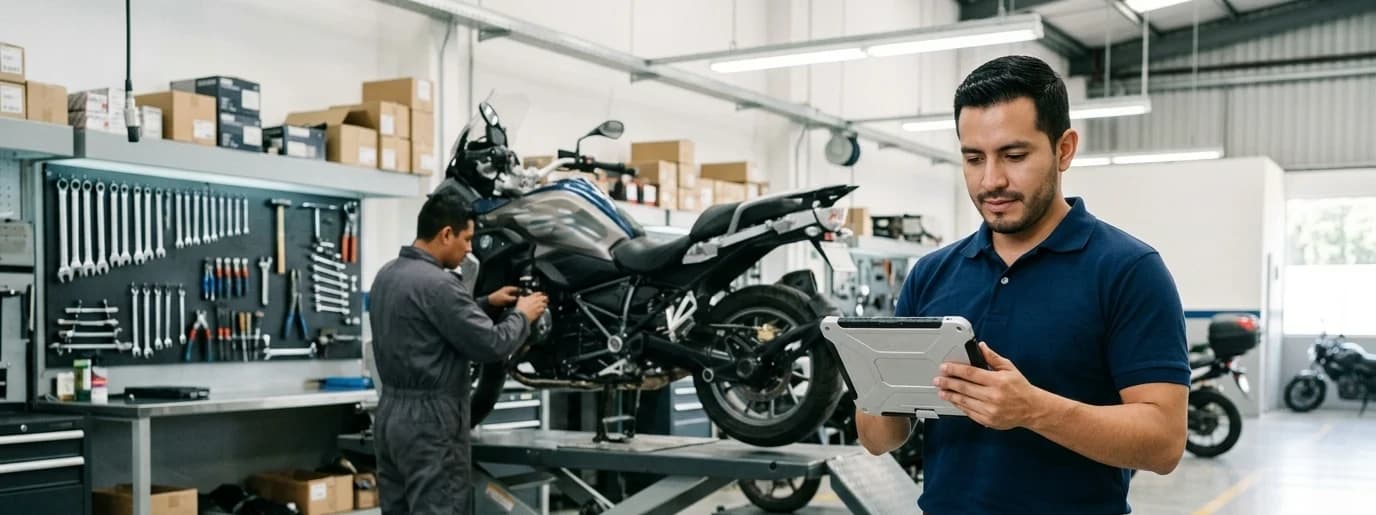 Asesor de servicio revisando una orden de trabajo en una tableta mientras un técnico trabaja sobre una motocicleta en el elevador