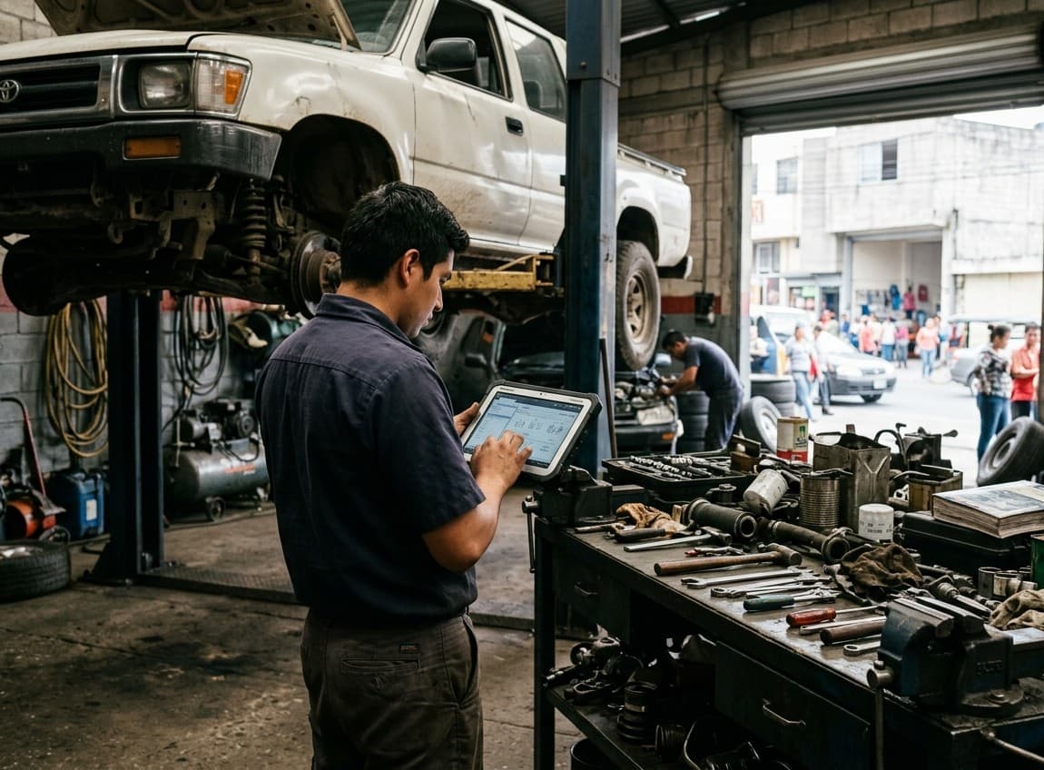 Mecánico trabajando sobre un vehículo levantado en un taller, con herramienta y repuestos ordenados en el área de servicio.